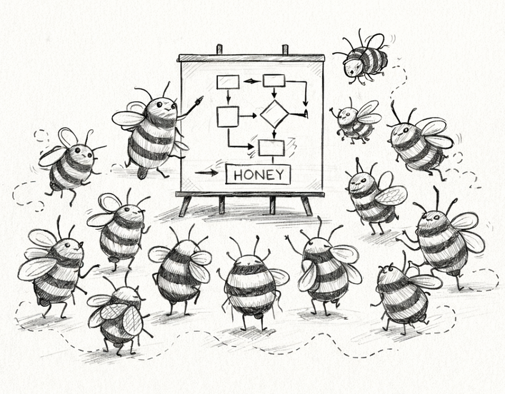 Honeybees working together in a hive